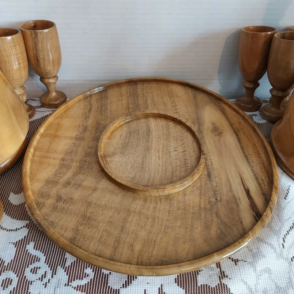 Vintage Hand Turned Wood Decanter Set 6 Goblets Tray Mid Century Modern Barware
